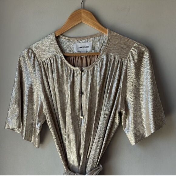 Sabina Musayev Shimmer Short Sleeve V Neck Waist Tie Dress - Picture 8 of 11